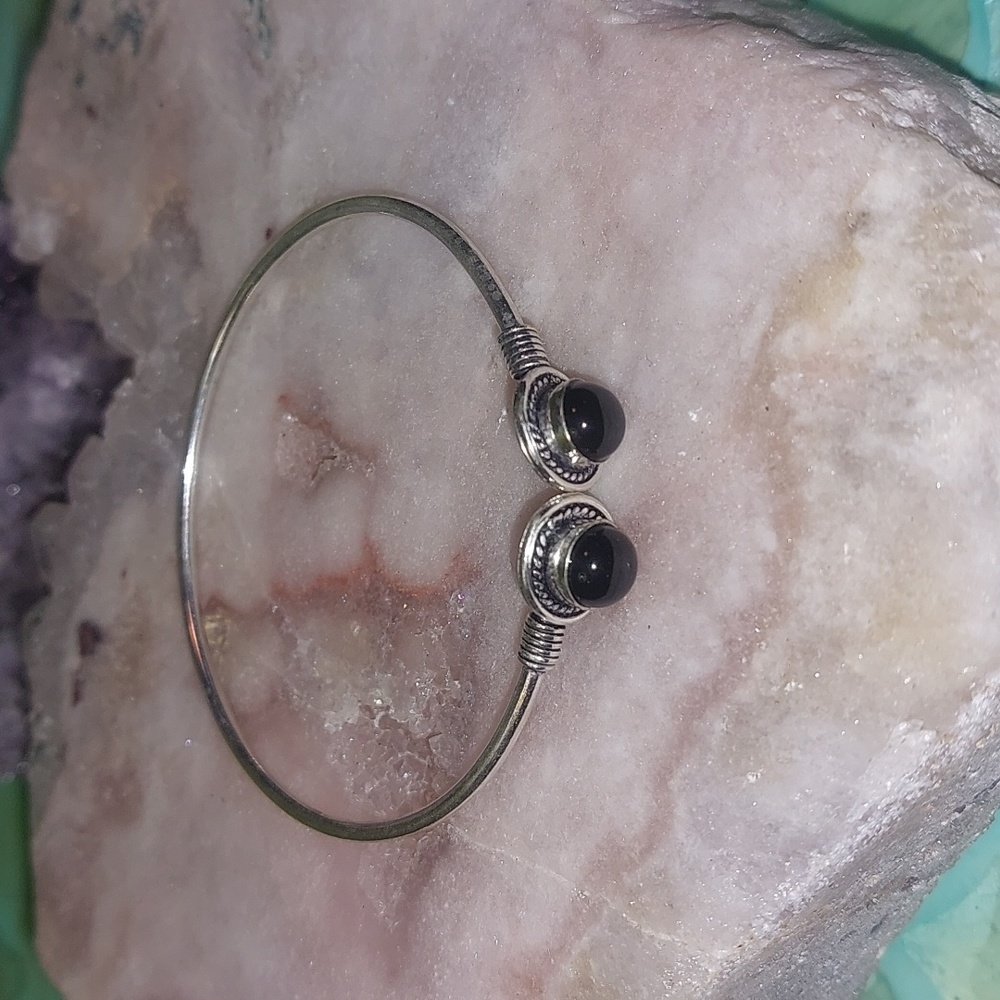 Double Stone Black Onyx Adjustable Bangle Bracelet - Picture 3 of 4